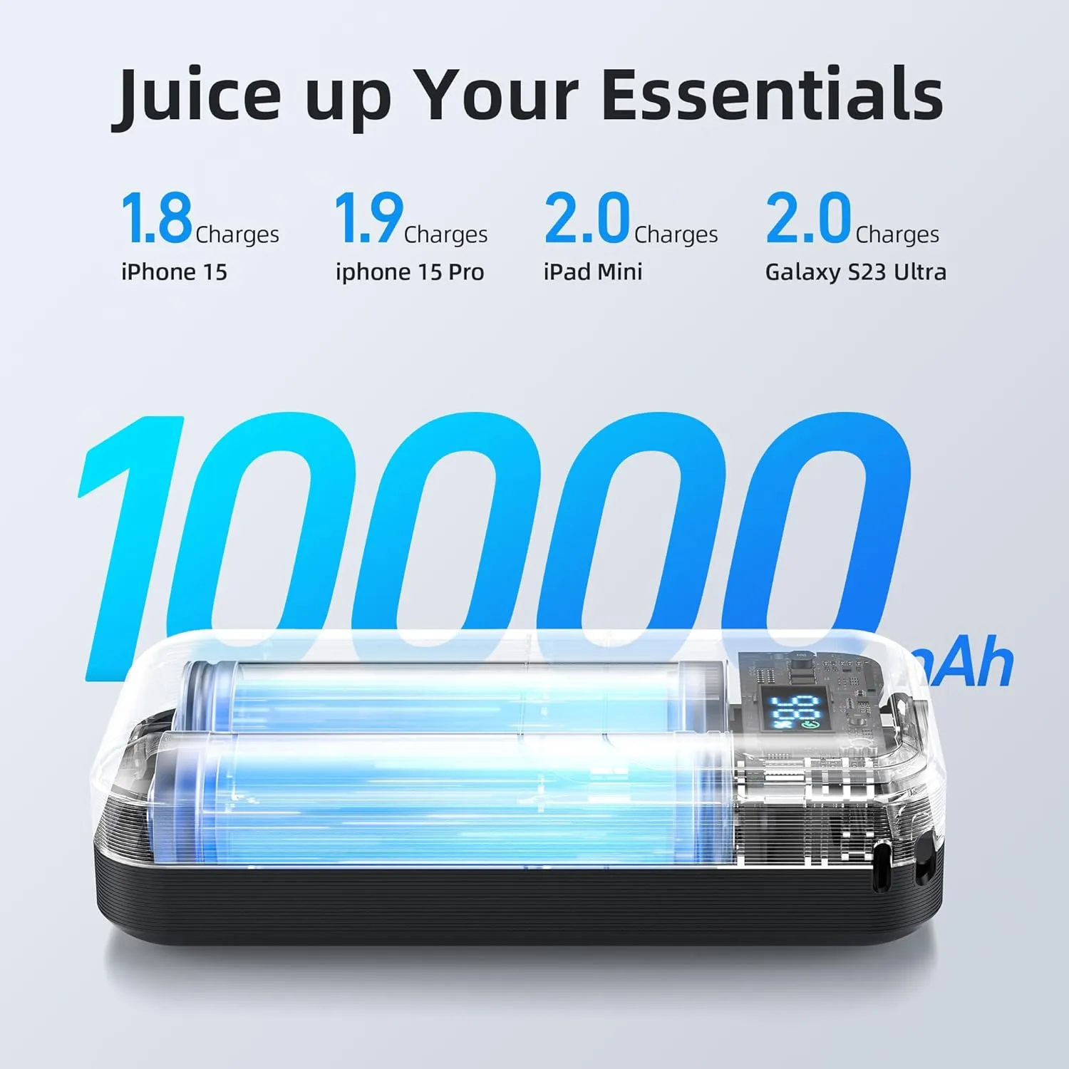 MOKiN Portable Charger, 10000mAh Power Bank, 30W Fast Charging Battery Pack, USB-C, USB A, Bulit in 2 Cables iOS & Type C, Digital Display, Compact PowerBank Compatible with iPhone 16/15/14/13,Black