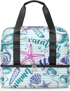 Mollusk Sea Shells Starfishes Travel Bag Double Tier Zip Closure Weekender Bag with Leather Handle Waterproof Sports Tote Gym Bag for Swim Beach Gym Yoga