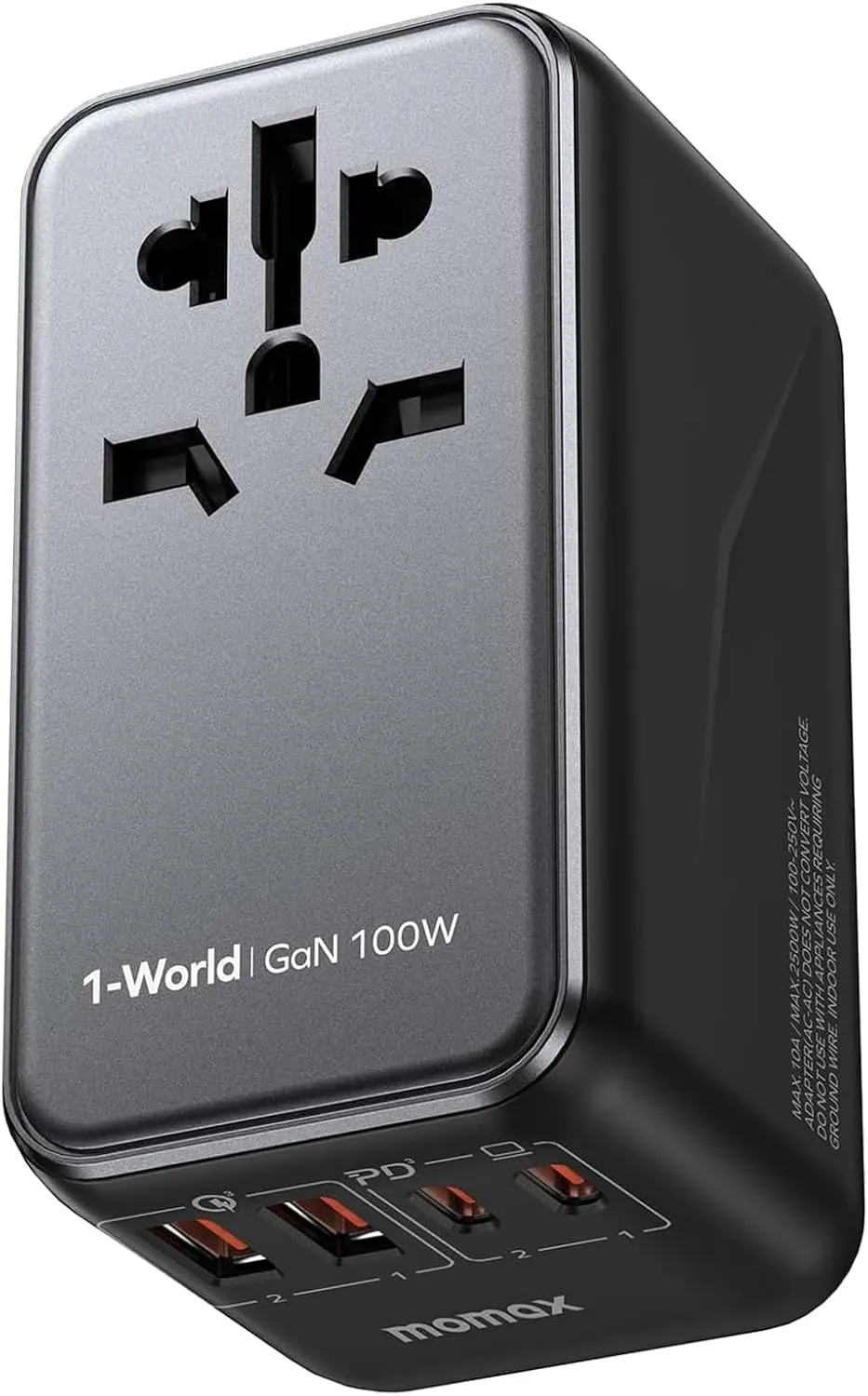 MOMAX Universal Travel Adapter, 100W Fast GaN International Power Adapter, 2PD USB-C 2QC USB-A Travel Adapter, US, UK, EU, AU Travel Adapter Worldwide for Laptops, Tablets, Phones, Vision Pro