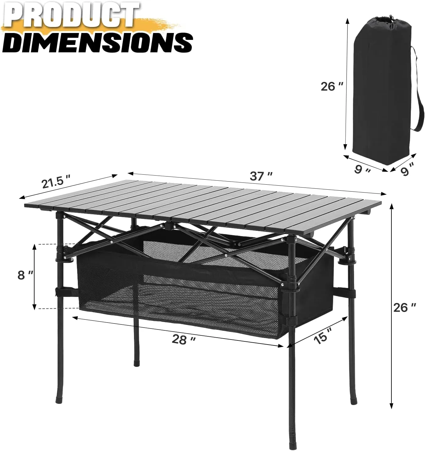 MoNiBloom Camping Table Fold up Lightweight, 37.5" Length Steel Folding Picnic Table Portable Roll Up Table with Large Storage Organizer for Indoor Outdoor Camping Backyard BBQ Use, Easy Carry