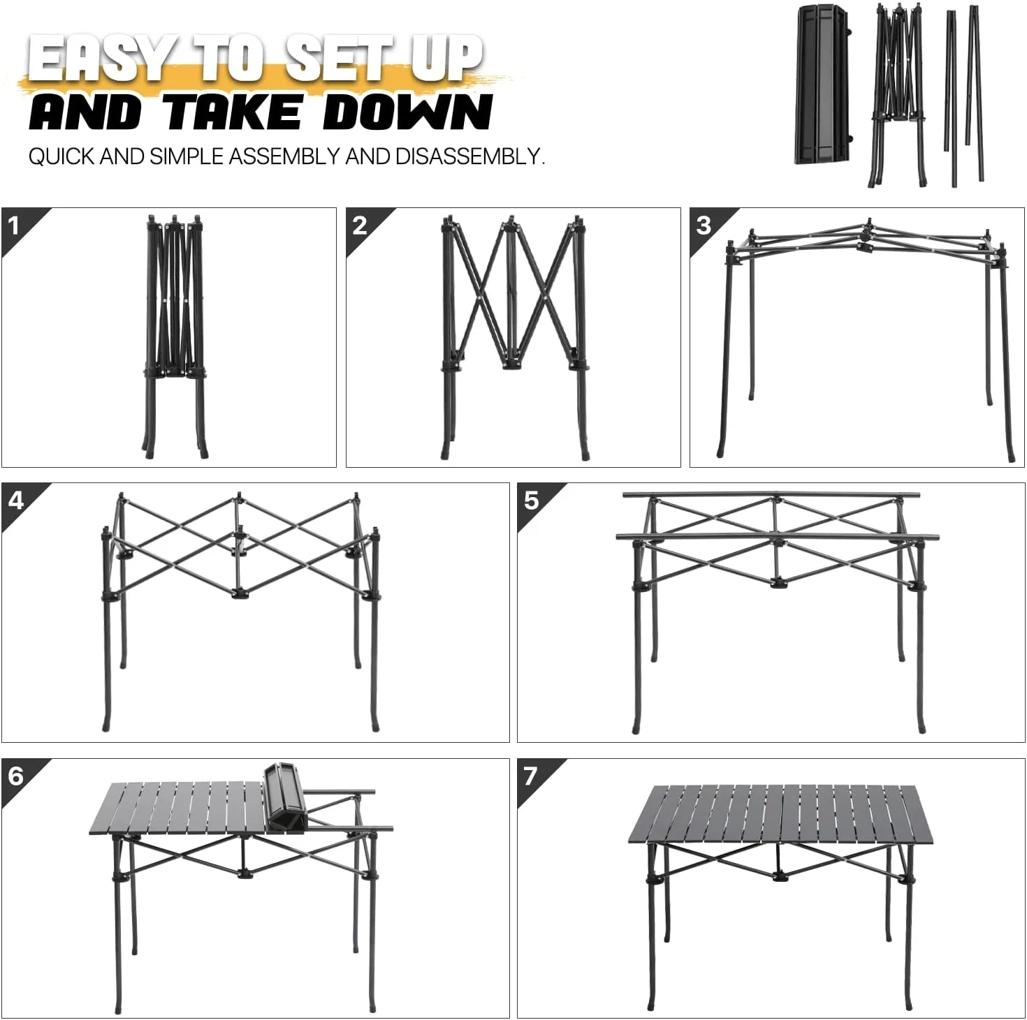 MoNiBloom Camping Table Fold up Lightweight, 37.5" Length Steel Folding Picnic Table Portable Roll Up Table with Large Storage Organizer for Indoor Outdoor Camping Backyard BBQ Use, Easy Carry