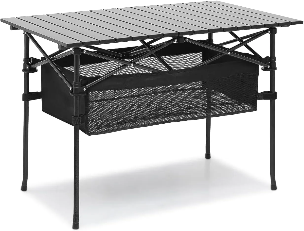 MoNiBloom Camping Table Fold up Lightweight, 37.5" Length Steel Folding Picnic Table Portable Roll Up Table with Large Storage Organizer for Indoor Outdoor Camping Backyard BBQ Use, Easy Carry
