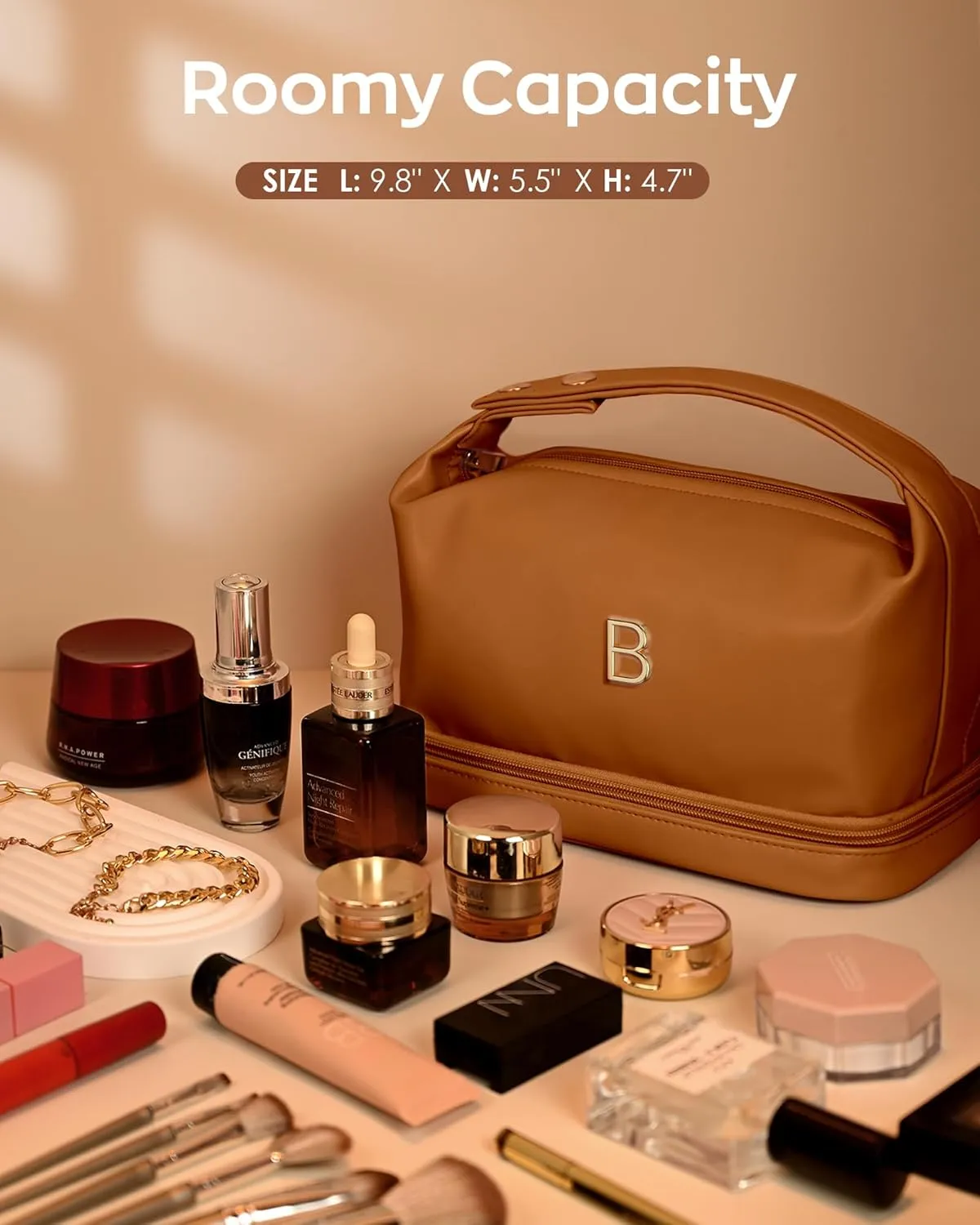 Monogram Gifts for Women, Personalized Makeup Bag with Handle, Initial Double Layer Cosmetic Bag with Makeup Brush Organizer, Cute Cosmetic Pouch for Women, Gifts for Friends Female Mom