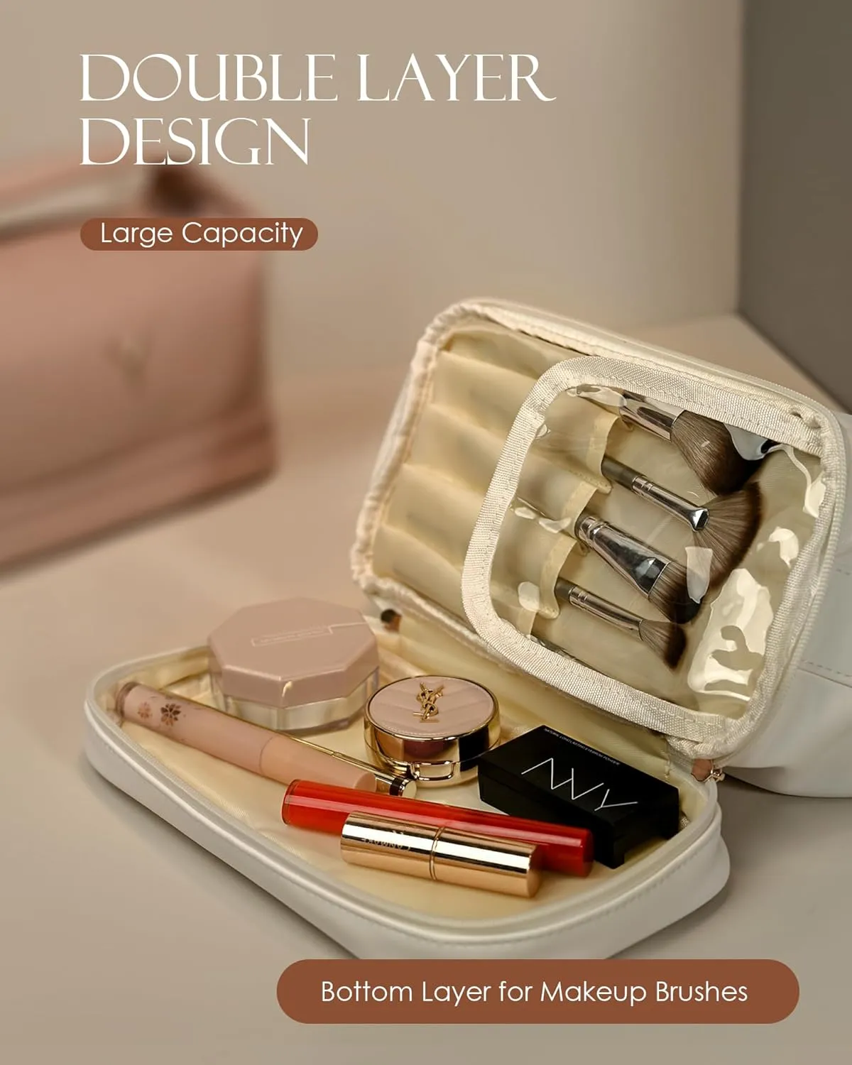 Monogram Gifts for Women, Personalized Makeup Bag with Handle, Initial Double Layer Cosmetic Bag with Makeup Brush Organizer, Cute Cosmetic Pouch for Women, Gifts for Friends Female Mom