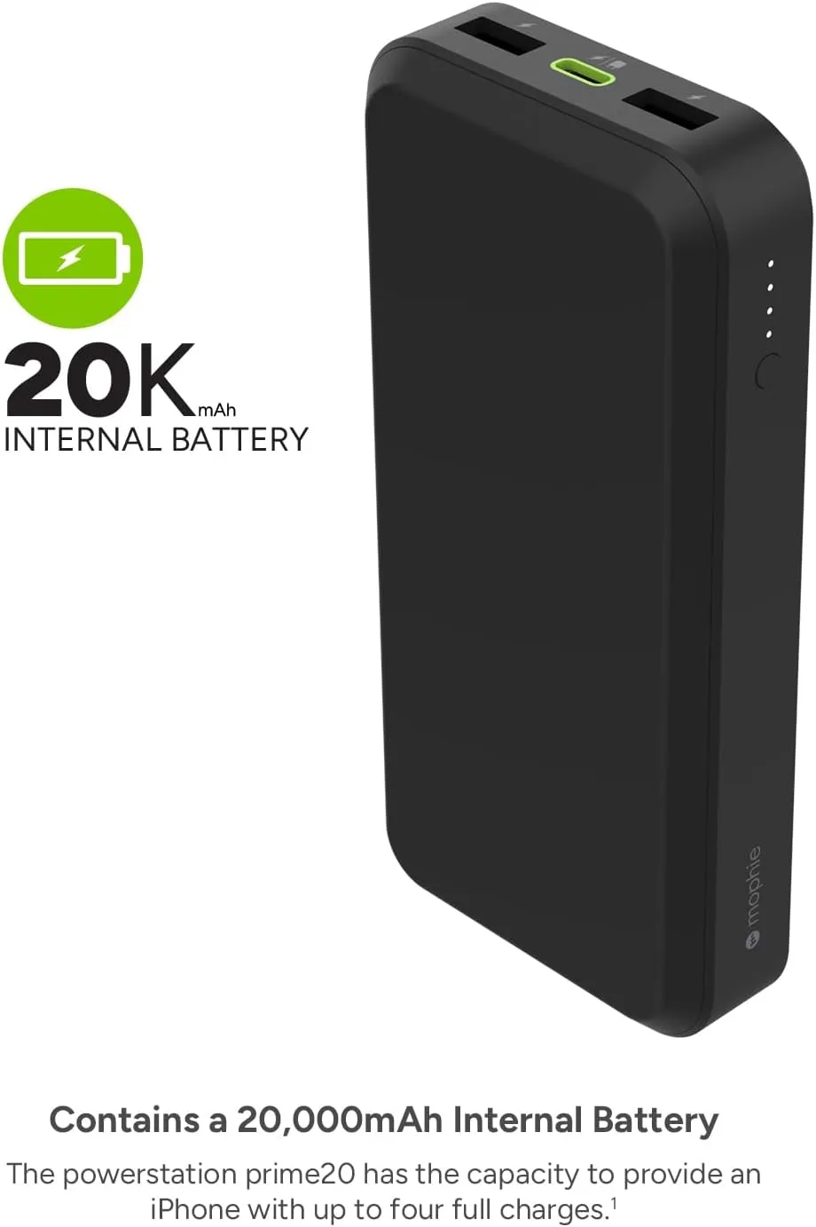 Mophie powerstation prime20 - Ultra-Compact Portable Power Bank with 20,000mAh Internal Battery, 18W USB-C PD Fast Charging, 3-Device Simultaneous Charging, Eco-Friendly Design
