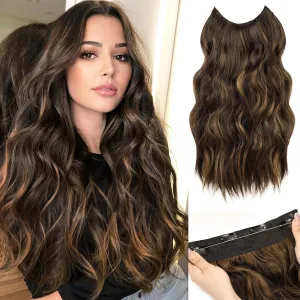 MORICA Invisible Wire Hair Extensions - 20 Inch Halo Hair Extensions Dark Brown Mixed Light Brown Long Wavy Synthetic Hairpiece with Transparent Wire Adjustable Size, 4 Secure Clips for Women