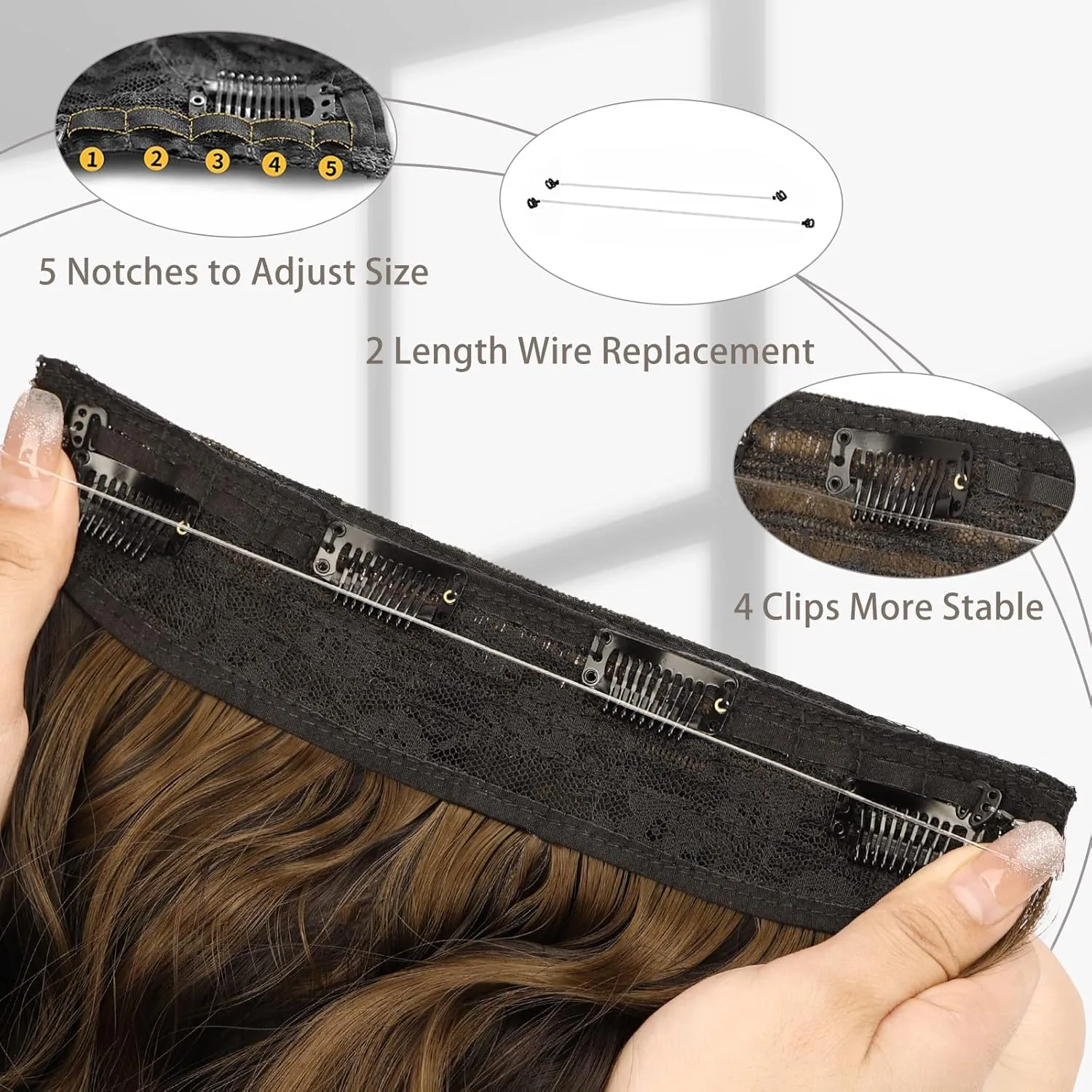 MORICA Invisible Wire Hair Extensions - 20 Inch Halo Hair Extensions Dark Brown Mixed Light Brown Long Wavy Synthetic Hairpiece with Transparent Wire Adjustable Size, 4 Secure Clips for Women