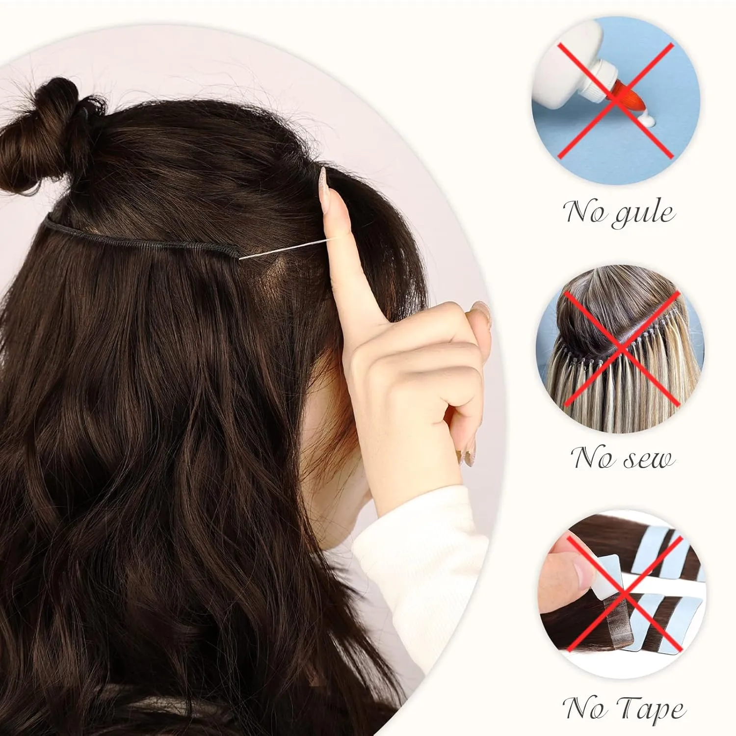 MORICA Invisible Wire Hair Extensions - 20 Inch Halo Hair Extensions Dark Brown Mixed Light Brown Long Wavy Synthetic Hairpiece with Transparent Wire Adjustable Size, 4 Secure Clips for Women
