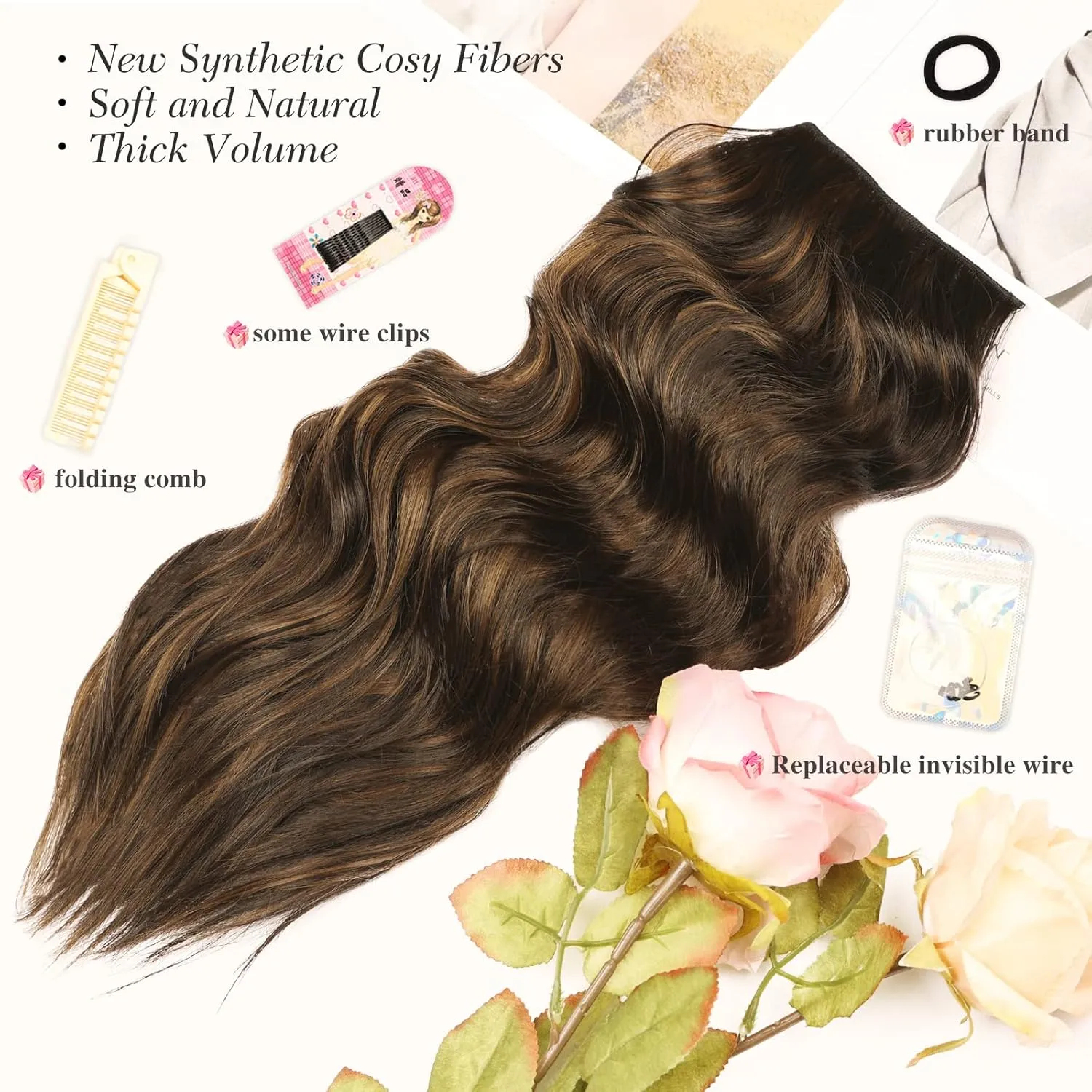 MORICA Invisible Wire Hair Extensions - 20 Inch Halo Hair Extensions Dark Brown Mixed Light Brown Long Wavy Synthetic Hairpiece with Transparent Wire Adjustable Size, 4 Secure Clips for Women