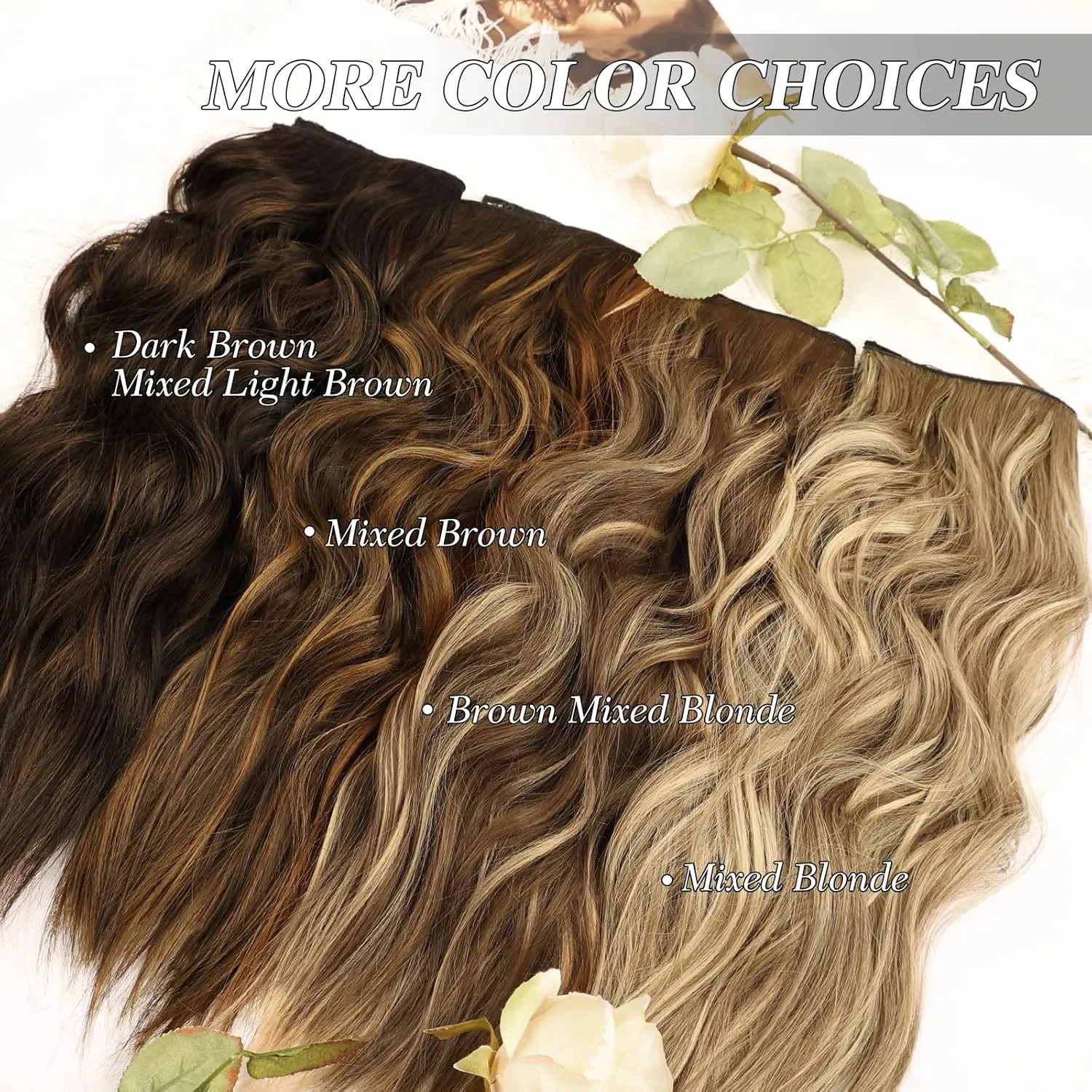 MORICA Invisible Wire Hair Extensions - 20 Inch Halo Hair Extensions Dark Brown Mixed Light Brown Long Wavy Synthetic Hairpiece with Transparent Wire Adjustable Size, 4 Secure Clips for Women