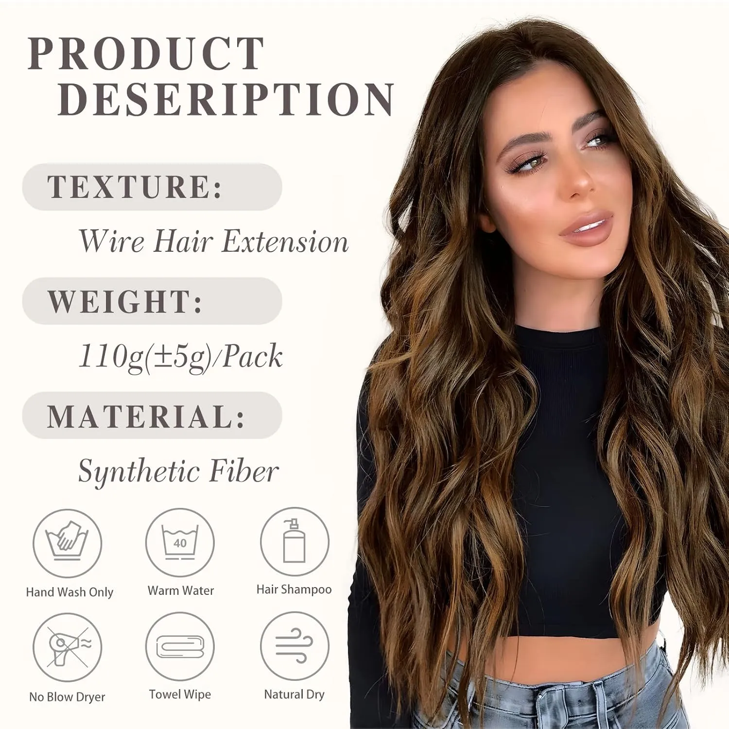 MORICA Invisible Wire Hair Extensions - 20 Inch Halo Hair Extensions Dark Brown Mixed Light Brown Long Wavy Synthetic Hairpiece with Transparent Wire Adjustable Size, 4 Secure Clips for Women