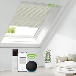 Motorized Skylight Shades Cellular Honeycomb Electric Blinds with Solar Panel Cordless Rechargeable Shades with Remote for Roof Inclined Plane Room Custom Size (BO Printed Cream White)