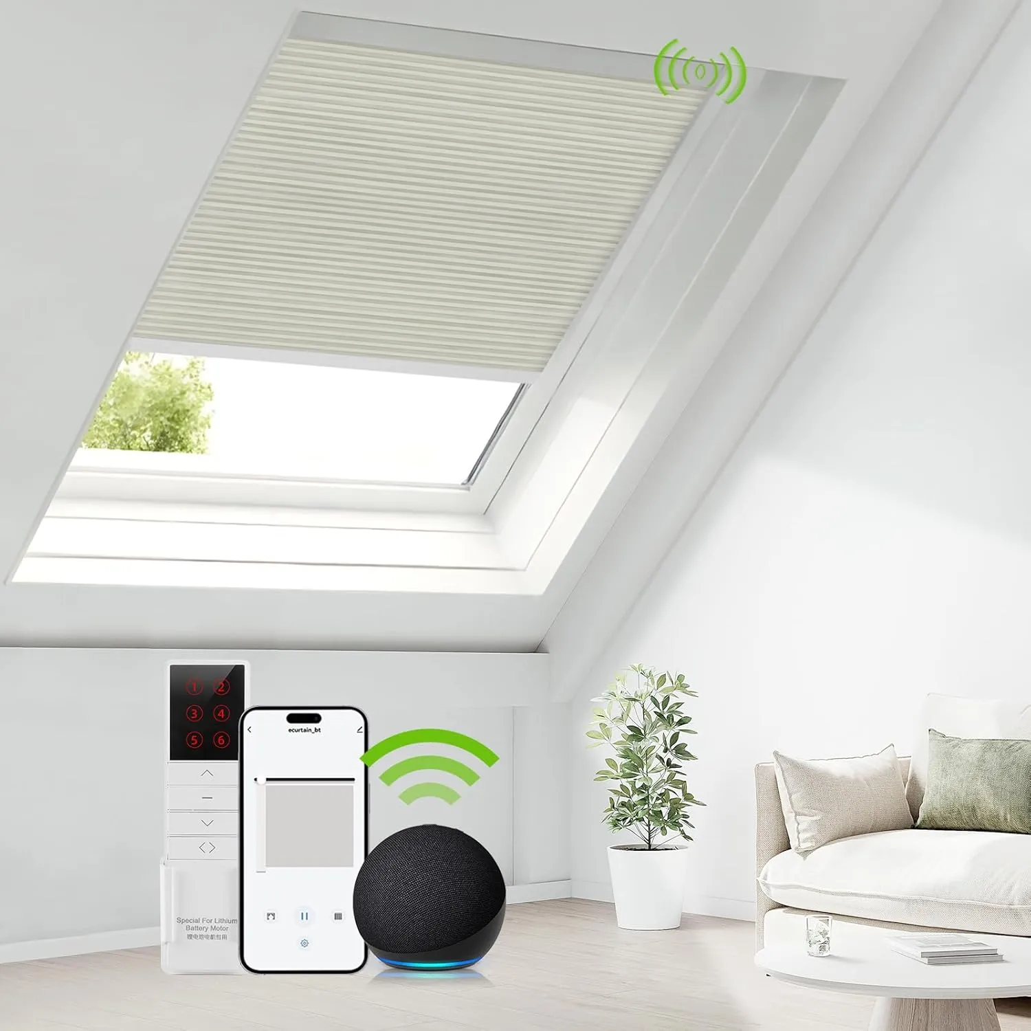 Motorized Skylight Shades Cellular Honeycomb Electric Blinds with Solar Panel Cordless Rechargeable Shades with Remote for Roof Inclined Plane Room Custom Size (BO Printed Cream White)