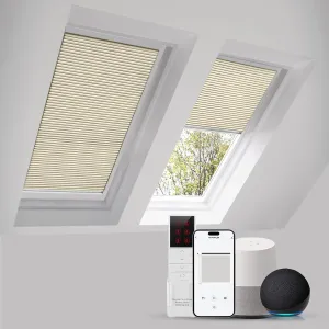 Motorized Skylight Shades Cellular Honeycomb Electric Blinds with Solar Panel Cordless Rechargeable Shades with Remote for Roof Inclined Plane Room Custom Size(Black Out Beige)