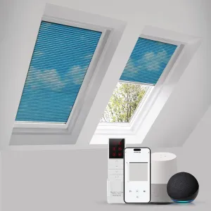 Motorized Skylight Shades Cellular Honeycomb Electric Blinds with Solar Panel Cordless Rechargeable Shades with Remote for Roof Inclined Plane Room Custom Size(Black Out Blue Sky)