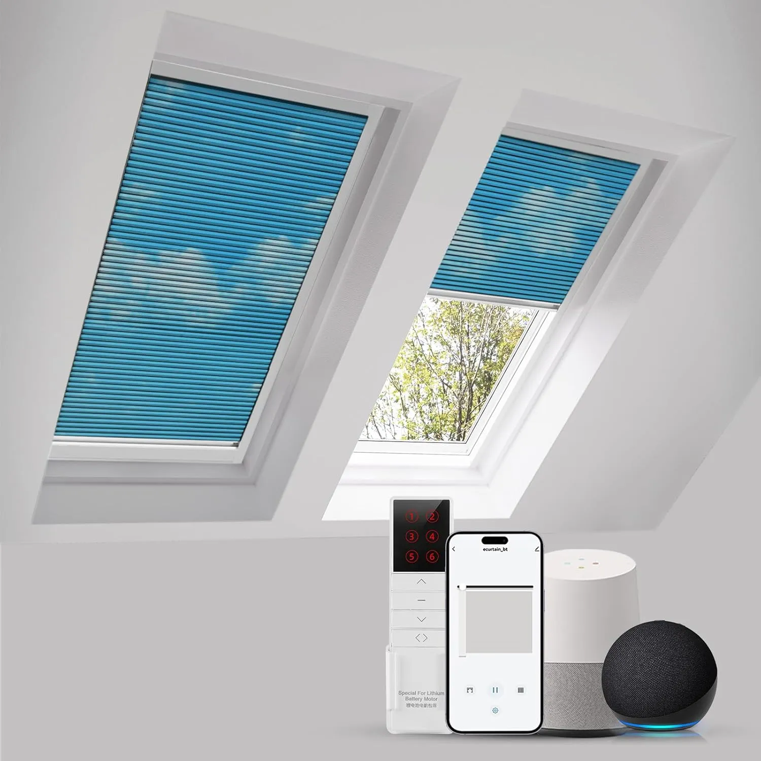 Motorized Skylight Shades Cellular Honeycomb Electric Blinds with Solar Panel Cordless Rechargeable Shades with Remote for Roof Inclined Plane Room Custom Size(Black Out Blue Sky)