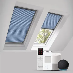 Motorized Skylight Shades Cellular Honeycomb Electric Blinds with Solar Panel Cordless Rechargeable Shades with Remote for Roof Inclined Plane Room Custom Size(Black Out Blue)