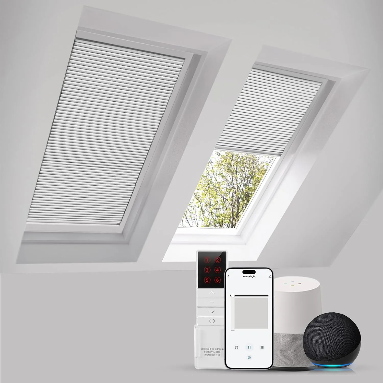 Motorized Skylight Shades Cellular Honeycomb Electric Blinds with Solar Panel Cordless Rechargeable Shades with Remote for Roof Inclined Plane Room Custom Size(Black Out White)