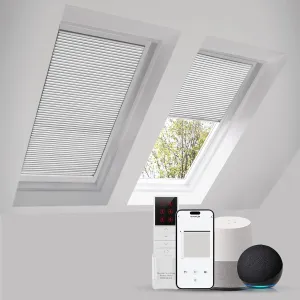 Motorized Skylight Shades Cellular Honeycomb Electric Blinds with Solar Panel Cordless Rechargeable Shades with Remote for Roof Inclined Plane Room Custom Size(Black Out White)