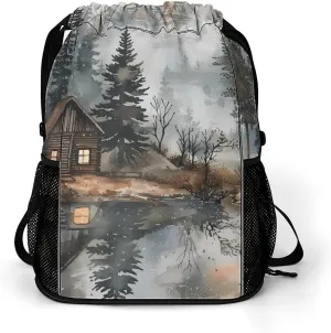 Mountain Hut by The Lake Drawstring Backpack String Bag Sports Gym Sackpack with Side Pocket Shoes Compartment
