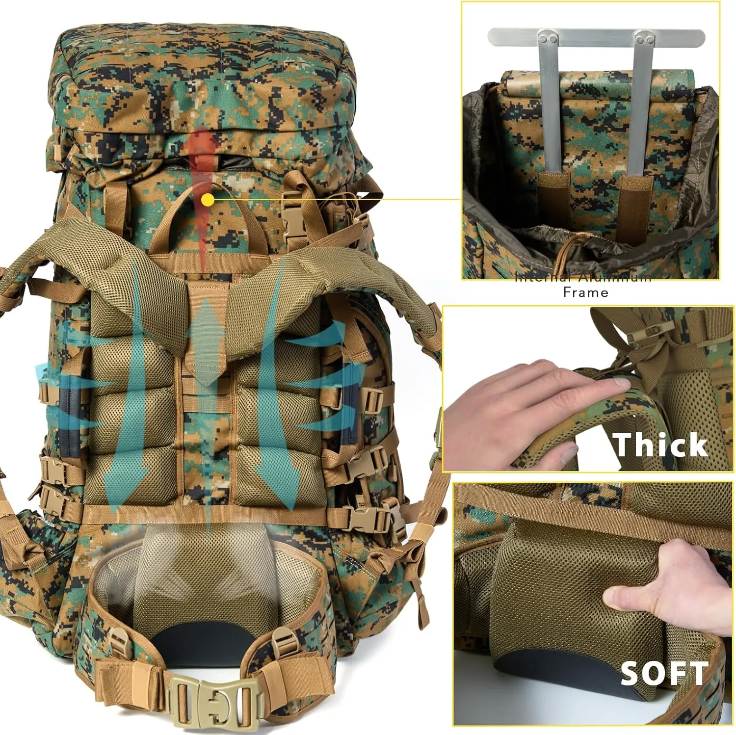 MT Military Army Large Rucksack with Detacheable Assault Backpack Hydration Pack Shoulder Straps and Waist Belt Metal Frame