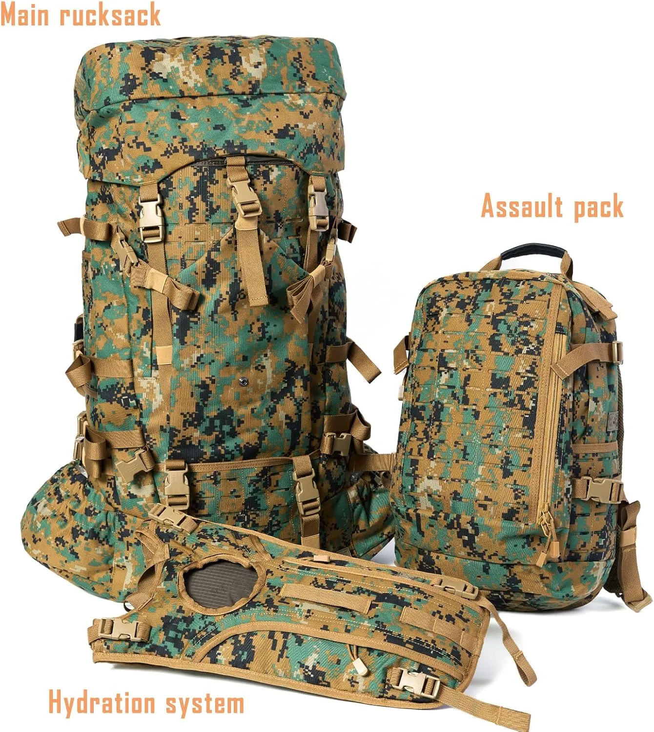 MT Military Army Large Rucksack with Detacheable Assault Backpack Hydration Pack Shoulder Straps and Waist Belt Metal Frame