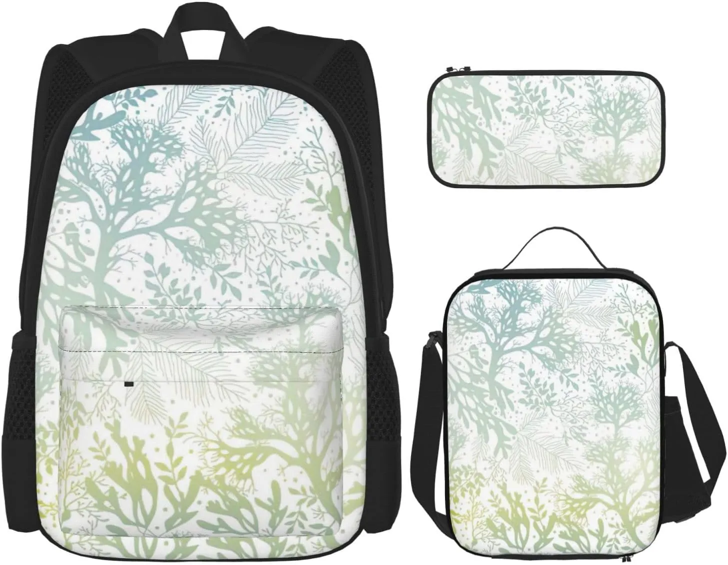 Multi Functional Green Sea Blue Seaweed Print Backpack Set With Lunch Bag And Pencil Case,Leisure,Fashion