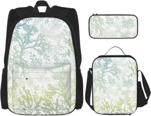 Multi Functional Green Sea Blue Seaweed Print Backpack Set With Lunch Bag And Pencil Case,Leisure,Fashion