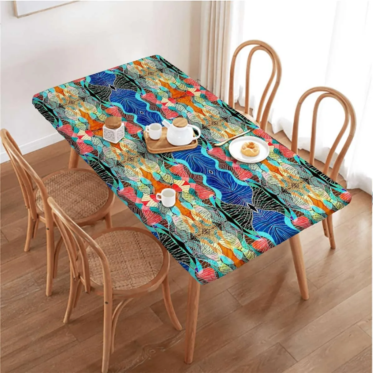 Multicolor Elastic Edged Table Covers Retro Watercolors Illustration Elastic Edge Fitted Tablecloth for Rectangle Table Abstract Fits up 4 Foot Tables