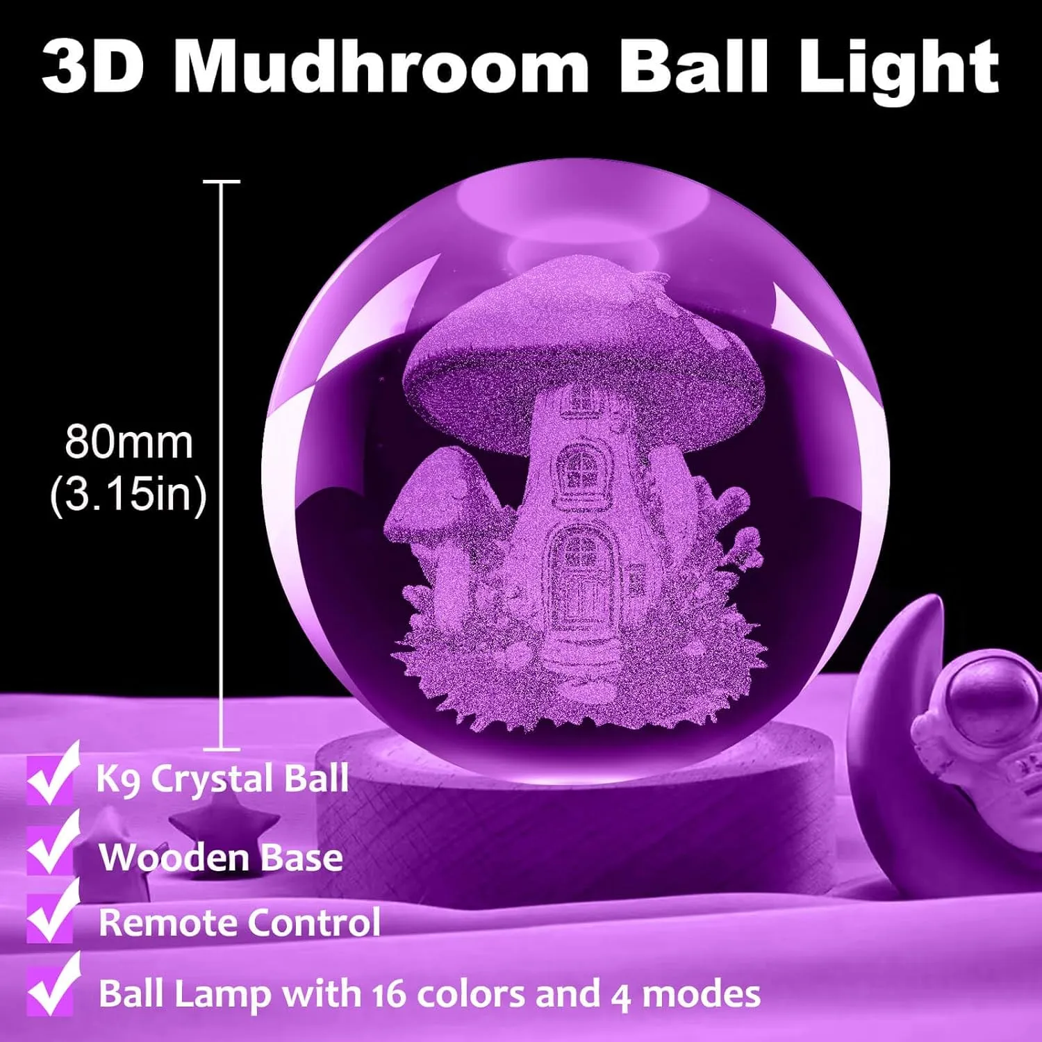 Mushroom Lamp, 3.15in 16 Colors Crystal Ball Night Light with Wooden Base and Remote Control, Birthday Gift for Women Men Kids (3D Mushroom)