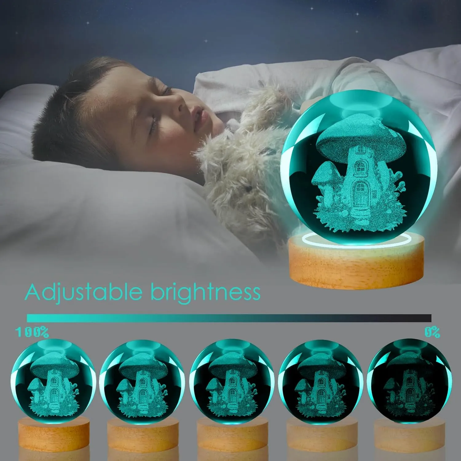 Mushroom Lamp, 3.15in 16 Colors Crystal Ball Night Light with Wooden Base and Remote Control, Birthday Gift for Women Men Kids (3D Mushroom)