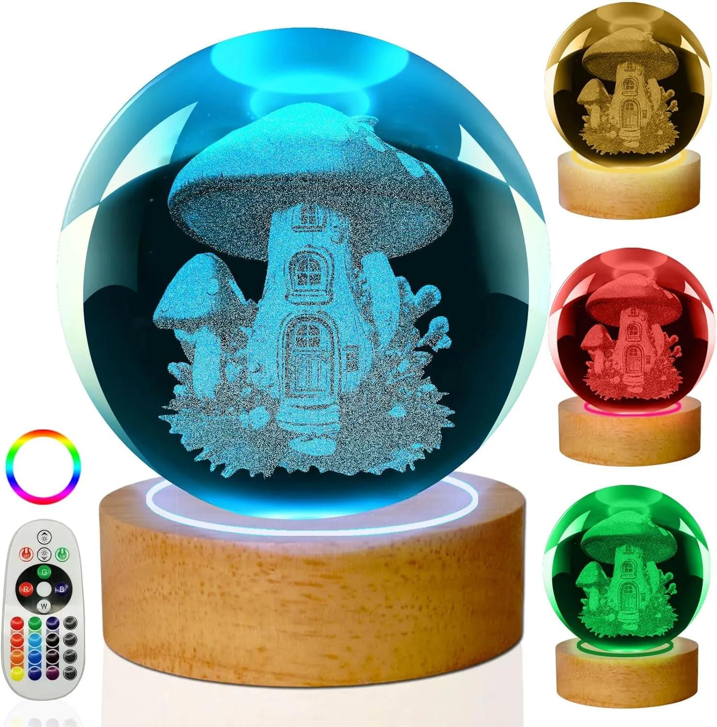Mushroom Lamp, 3.15in 16 Colors Crystal Ball Night Light with Wooden Base and Remote Control, Birthday Gift for Women Men Kids (3D Mushroom)
