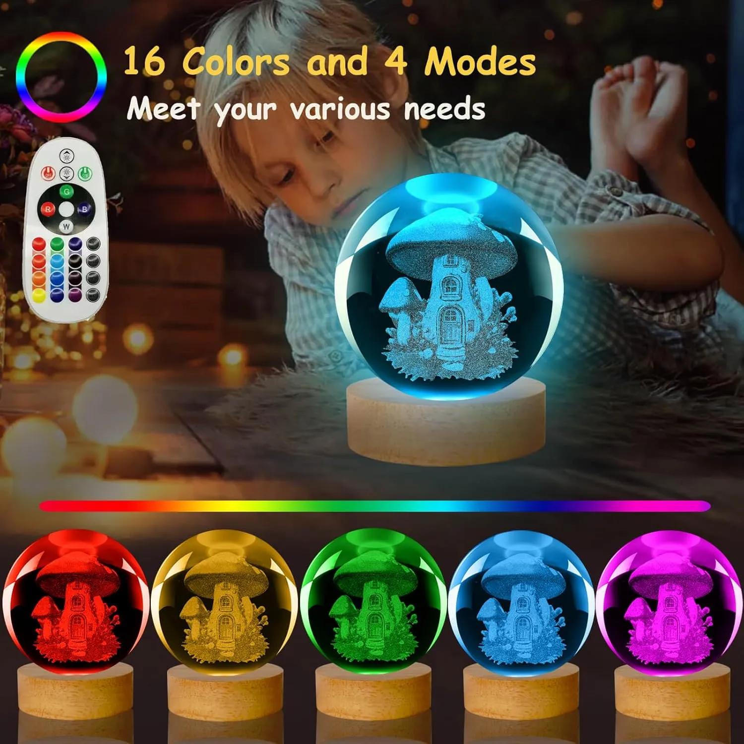 Mushroom Lamp, 3.15in 16 Colors Crystal Ball Night Light with Wooden Base and Remote Control, Birthday Gift for Women Men Kids (3D Mushroom)