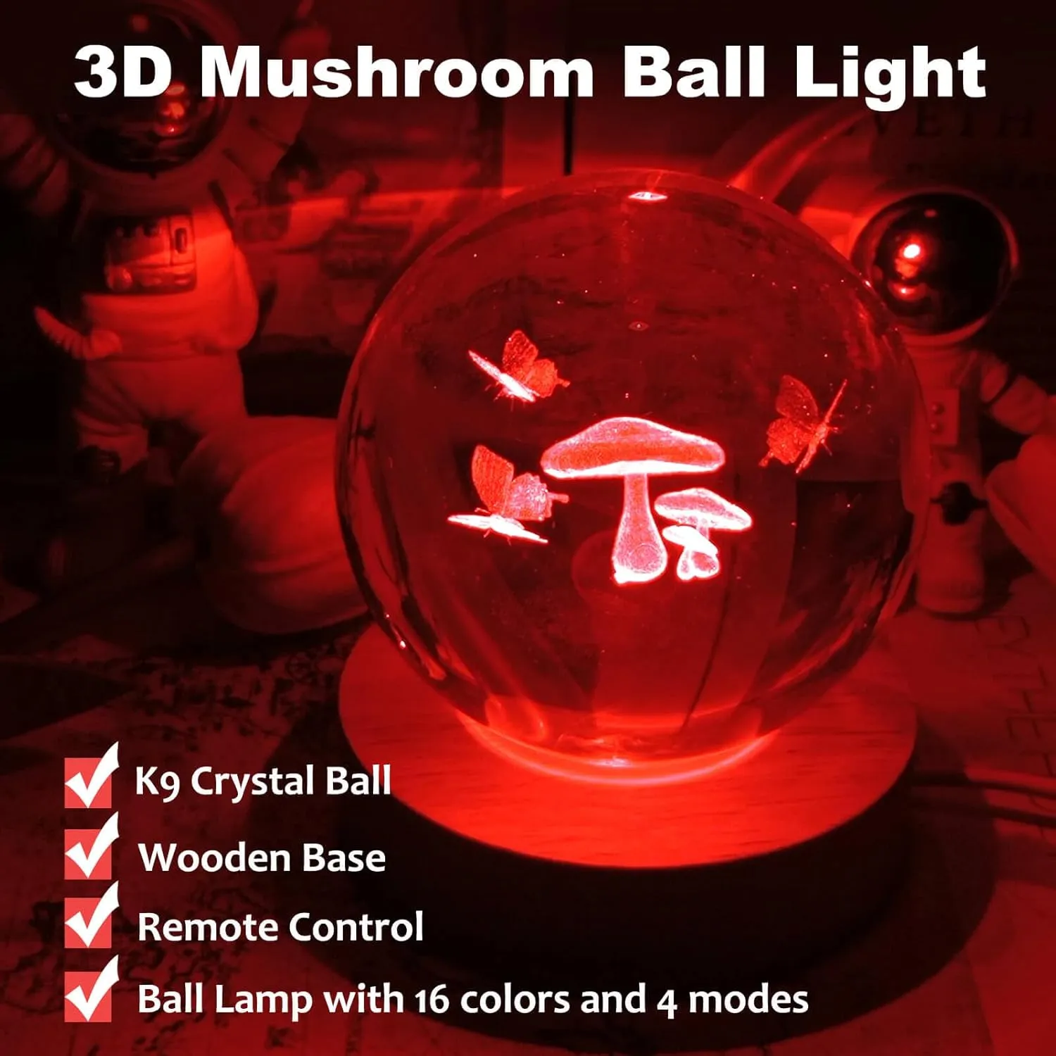 Mushroom Table Lamp, 3.15in 16 Colors Crystal Ball Night Light with Wooden Base and Remote Control,Birthday Gift for Women Men Kid,Her (Mushroom)