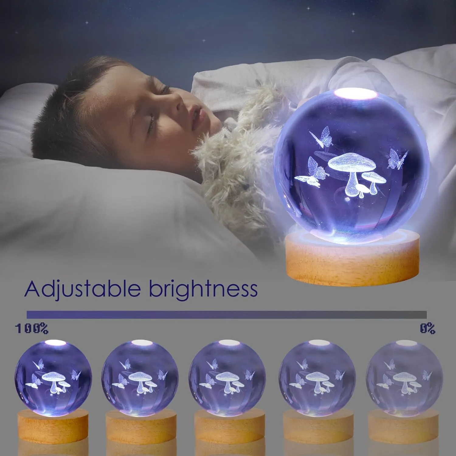 Mushroom Table Lamp, 3.15in 16 Colors Crystal Ball Night Light with Wooden Base and Remote Control,Birthday Gift for Women Men Kid,Her (Mushroom)