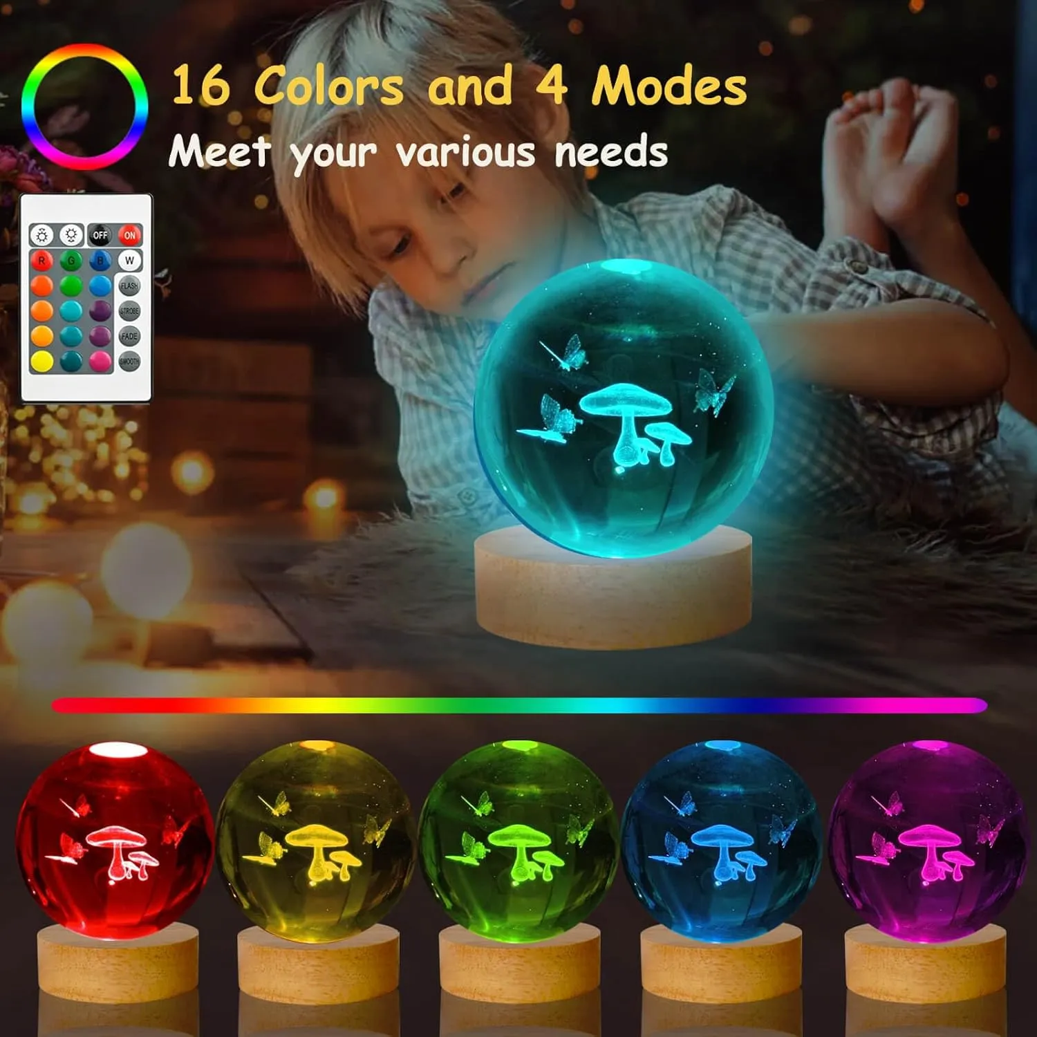 Mushroom Table Lamp, 3.15in 16 Colors Crystal Ball Night Light with Wooden Base and Remote Control,Birthday Gift for Women Men Kid,Her (Mushroom)