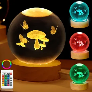 Mushroom Table Lamp, 3.15in 16 Colors Crystal Ball Night Light with Wooden Base and Remote Control,Birthday Gift for Women Men Kid,Her (Mushroom)