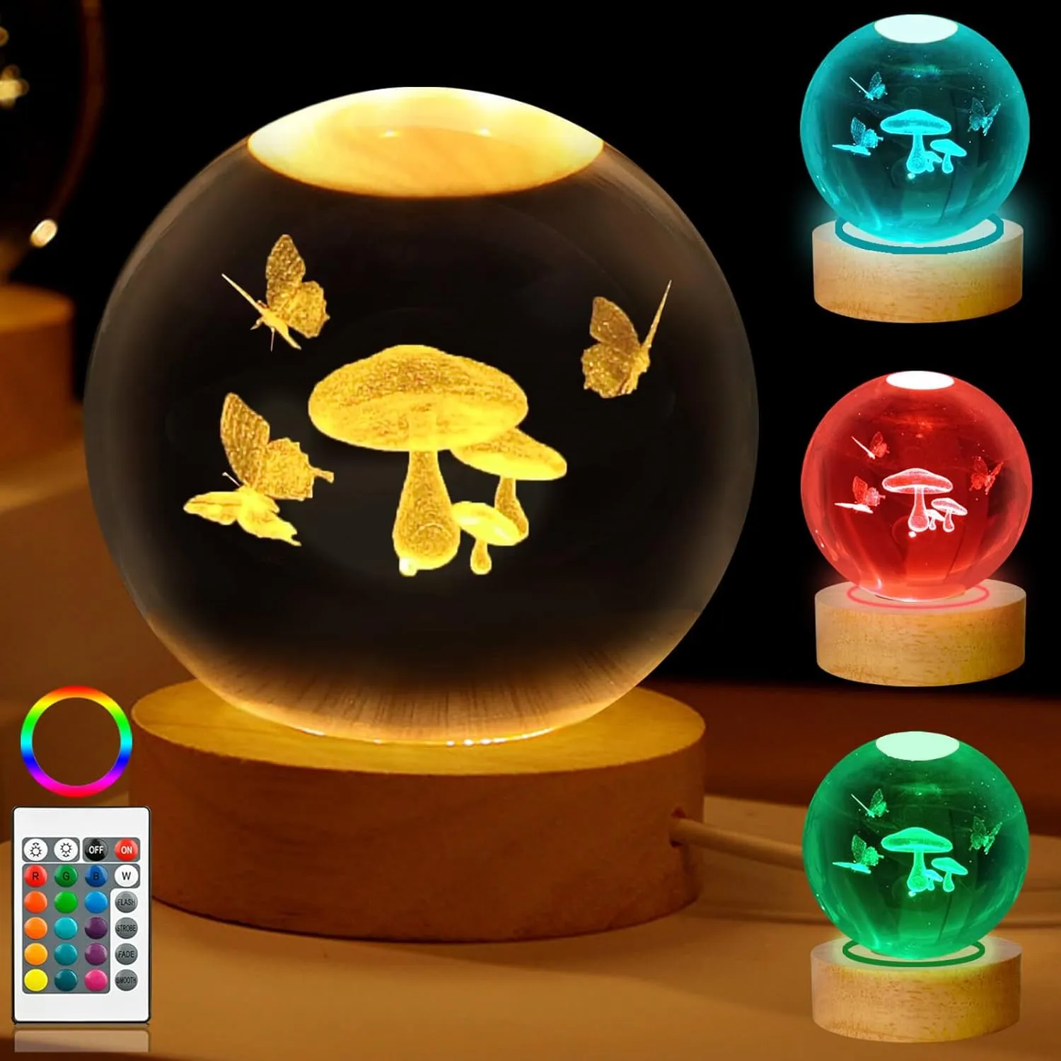 Mushroom Table Lamp, 3.15in 16 Colors Crystal Ball Night Light with Wooden Base and Remote Control,Birthday Gift for Women Men Kid,Her (Mushroom)