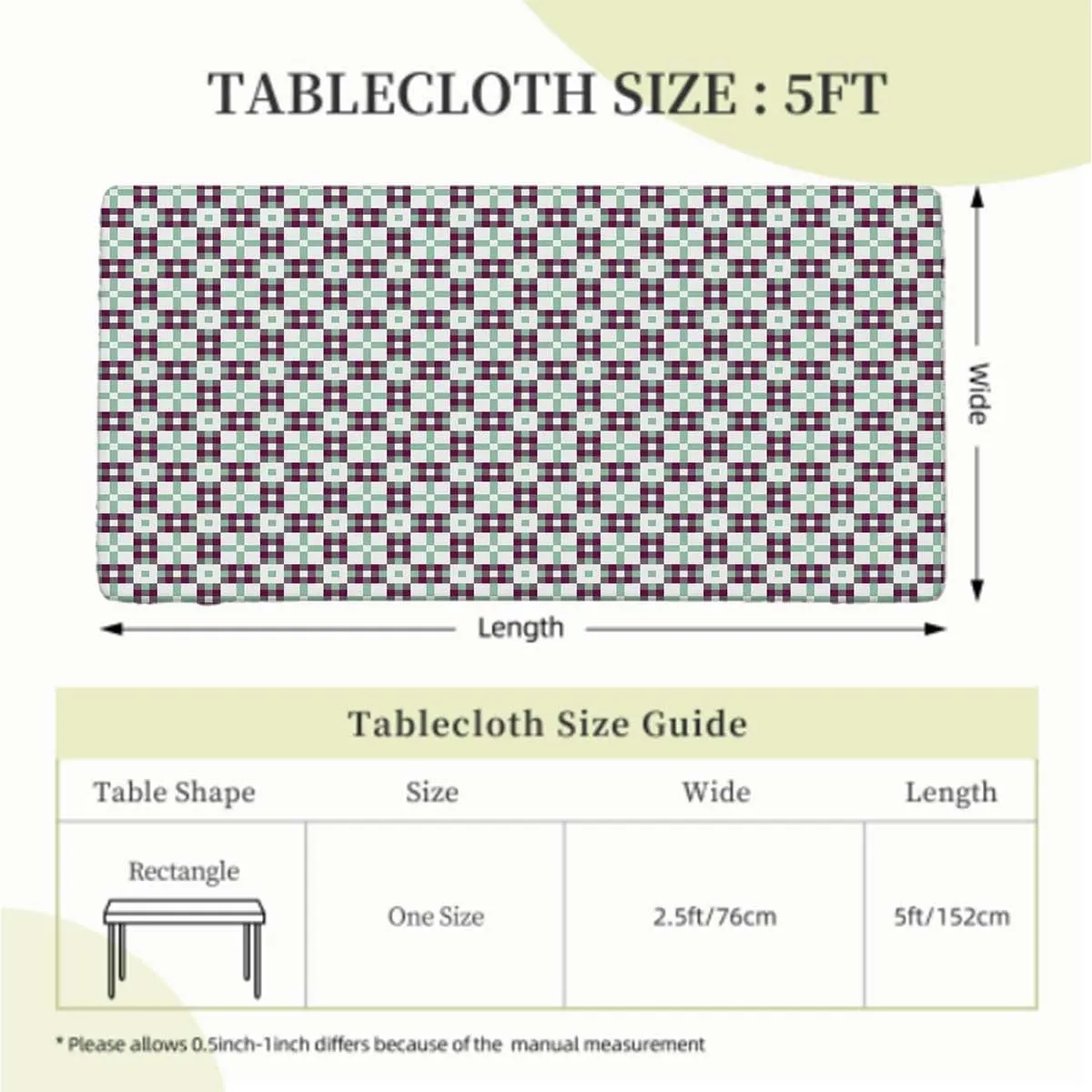 Muticolor Tablecloth for Folding Table Checked Design Elastic Edge Fitted Tablecloth for Rectangle Table Abstract Fits up 5 Foot Tables