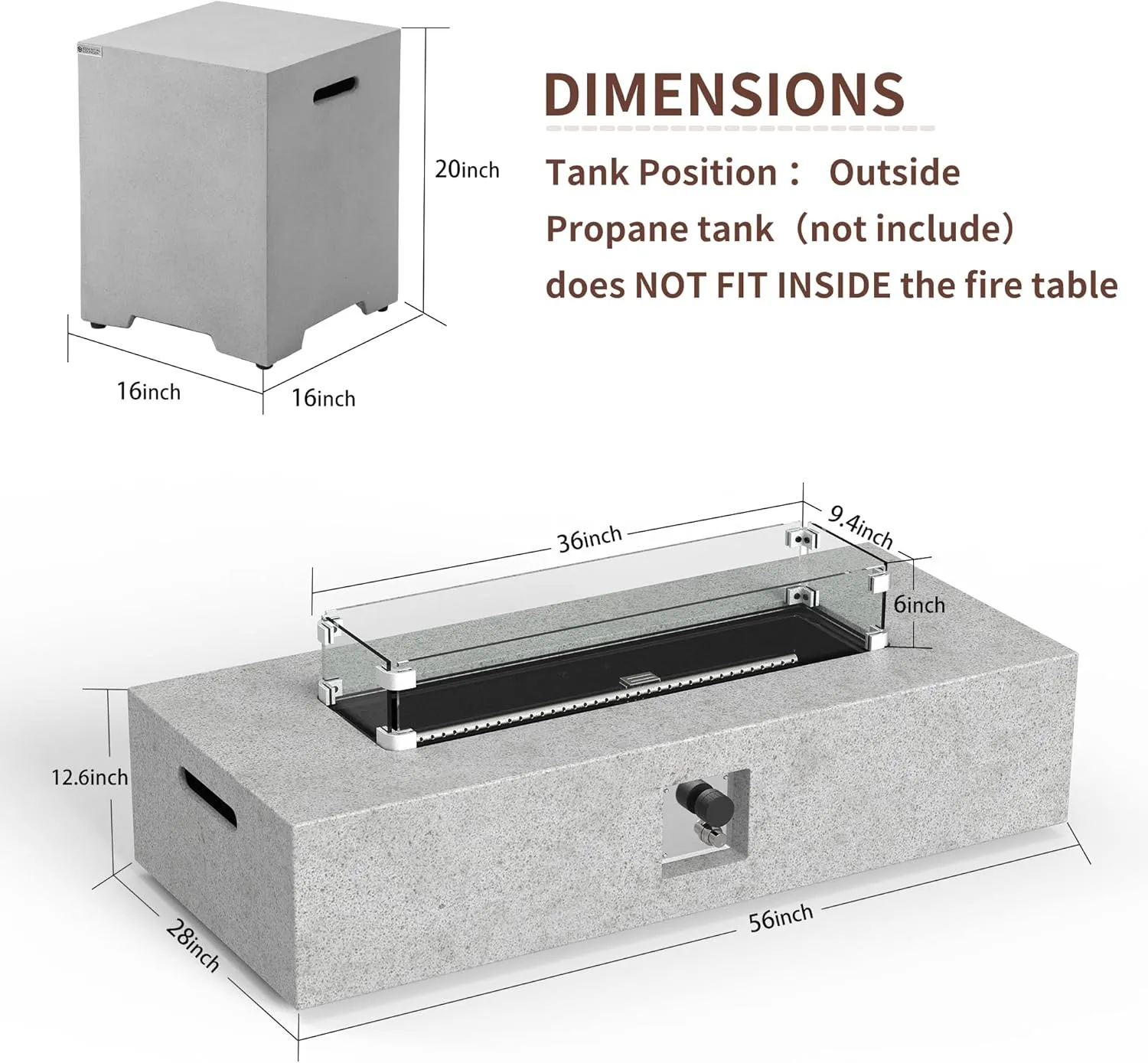 NAGA HABNA 56 Inch Propane Fire Pit Table, Outdoor Rectangle Fire Table w Tank Table (50,000 BTU), 3 Piece Gas Fire Pit w Glass Wind Guard & Lava Rocks for Garden, Pool, Backyard