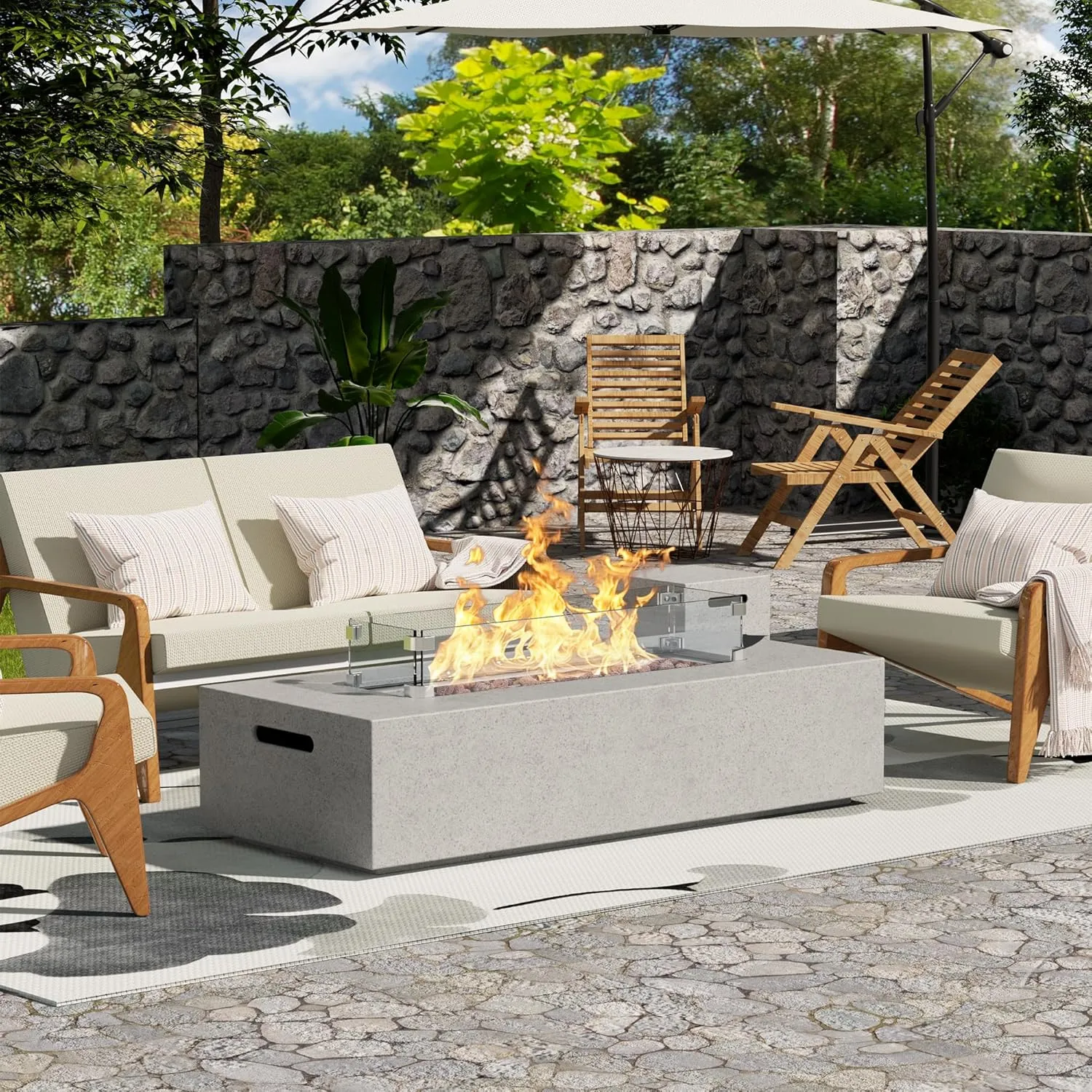 NAGA HABNA 56 Inch Propane Fire Pit Table, Outdoor Rectangle Fire Table w Tank Table (50,000 BTU), 3 Piece Gas Fire Pit w Glass Wind Guard & Lava Rocks for Garden, Pool, Backyard