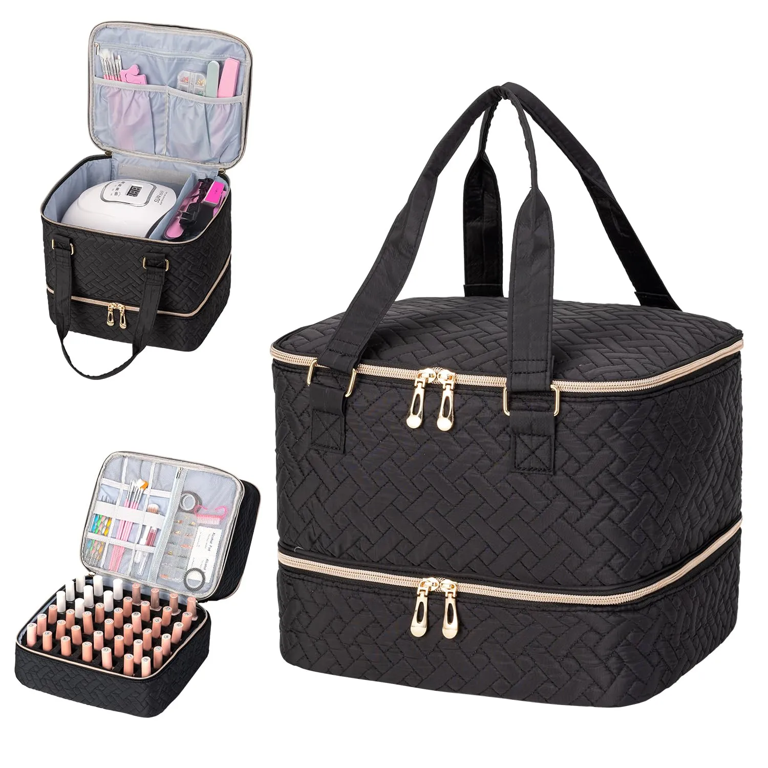 Nail Polish Organizer, Double Layer Storage Bag Gel Nail Polish Carrying Case Holds 42 Bottles with Nail Dryer Lamp Portable Manicure kit supplies Organizer (quilted)