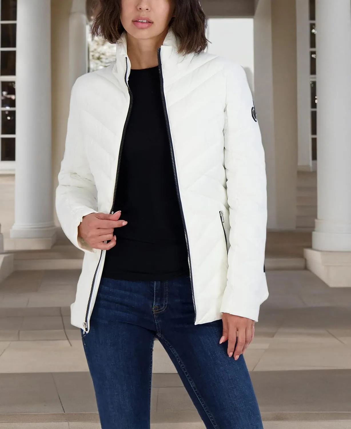 Nautica Women's Short Stretch Lightweight Puffer Jacket with Removeable Hood