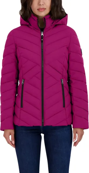Nautica Women's Short Stretch Lightweight Puffer Jacket with Removeable Hood