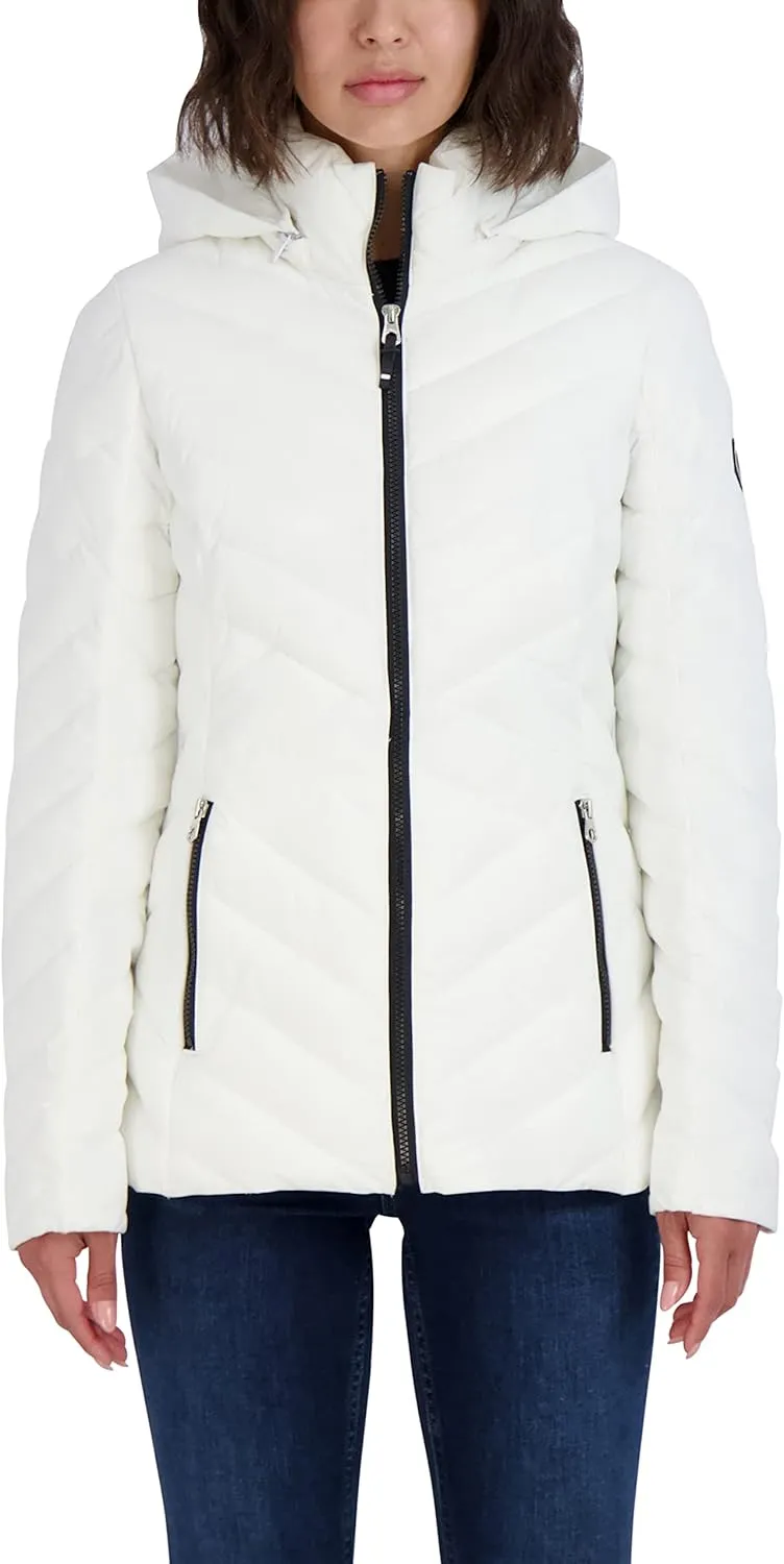 Nautica Women's Short Stretch Lightweight Puffer Jacket with Removeable Hood