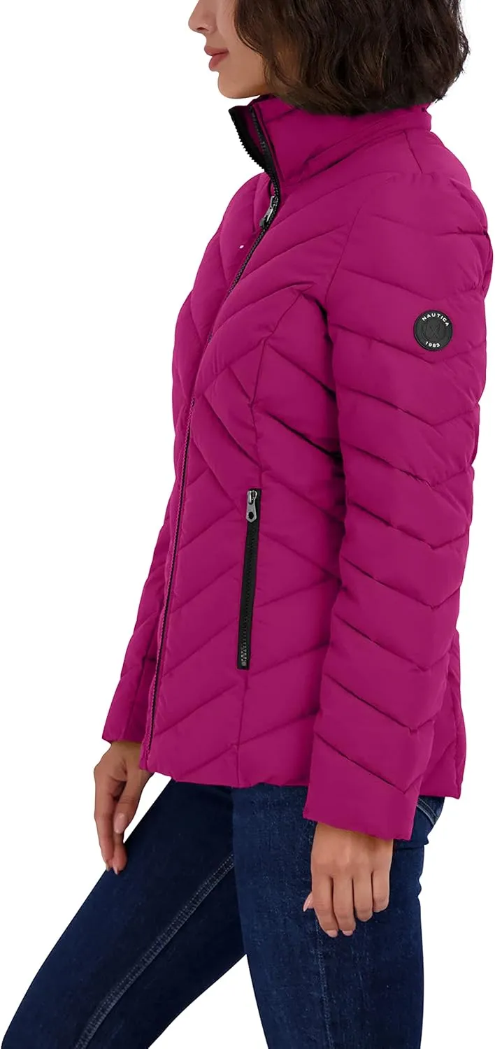 Nautica Women's Short Stretch Lightweight Puffer Jacket with Removeable Hood