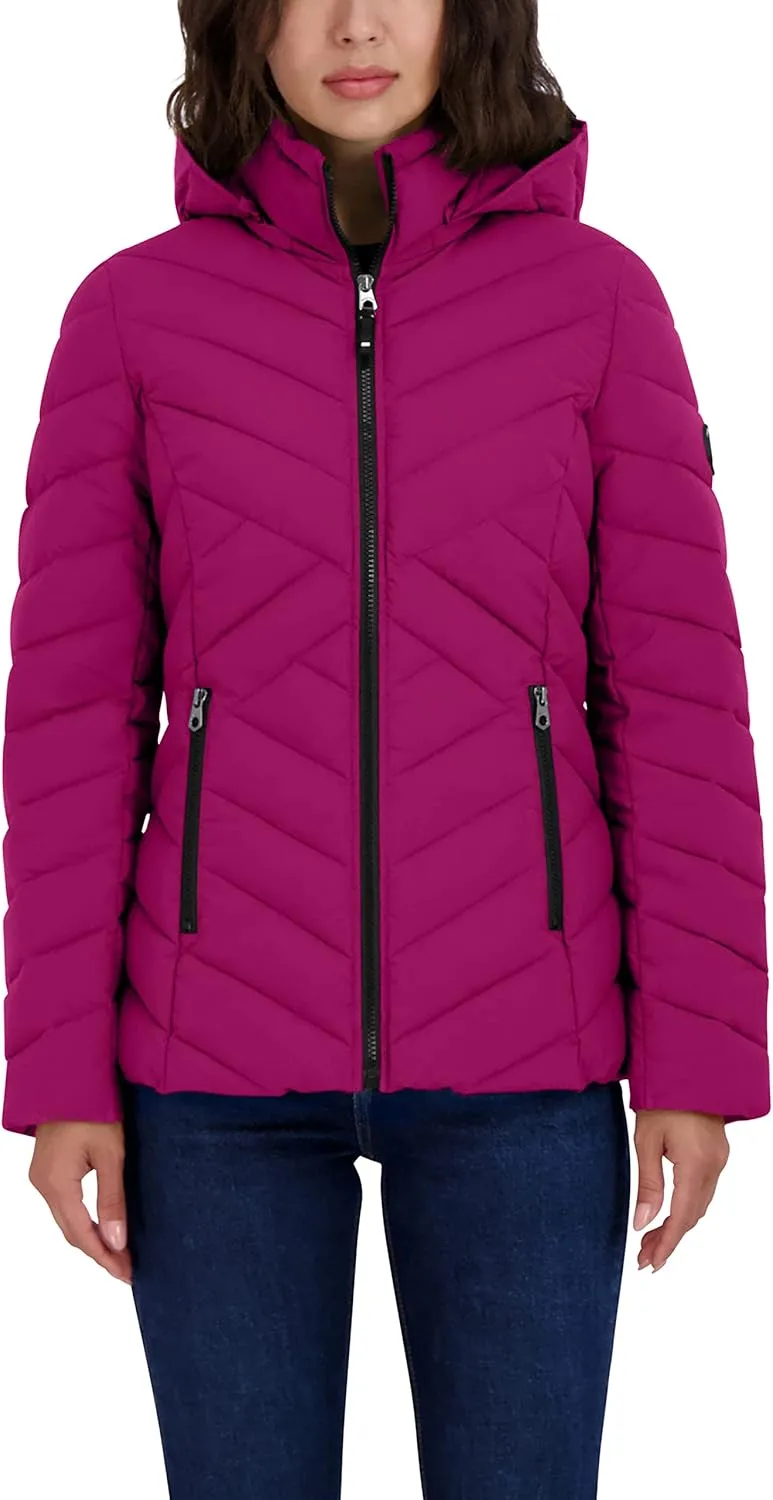 Nautica Women's Short Stretch Lightweight Puffer Jacket with Removeable Hood