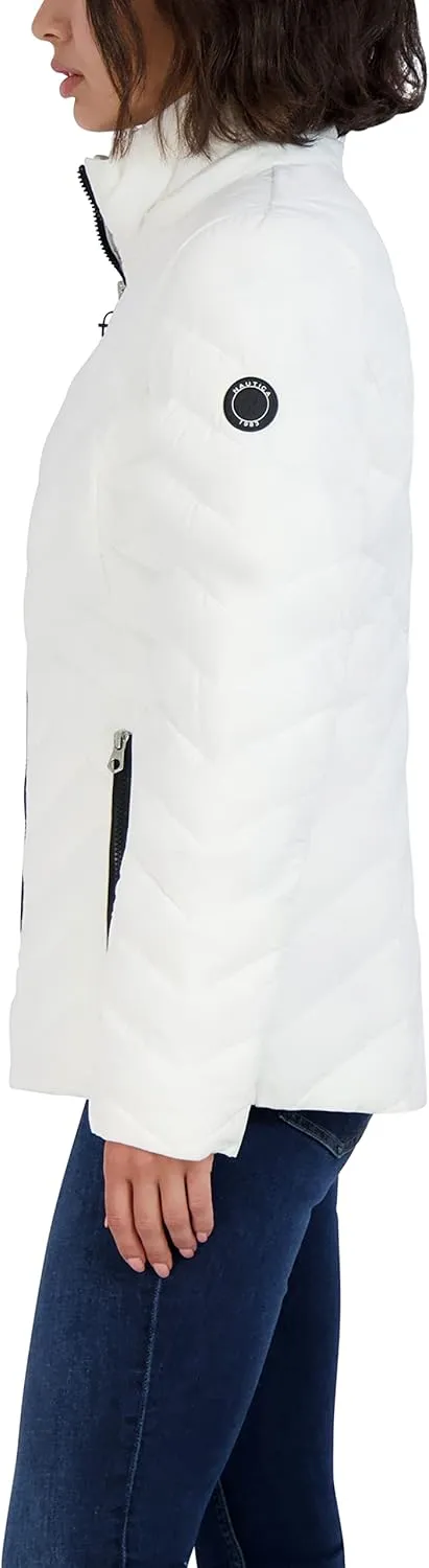 Nautica Women's Short Stretch Lightweight Puffer Jacket with Removeable Hood