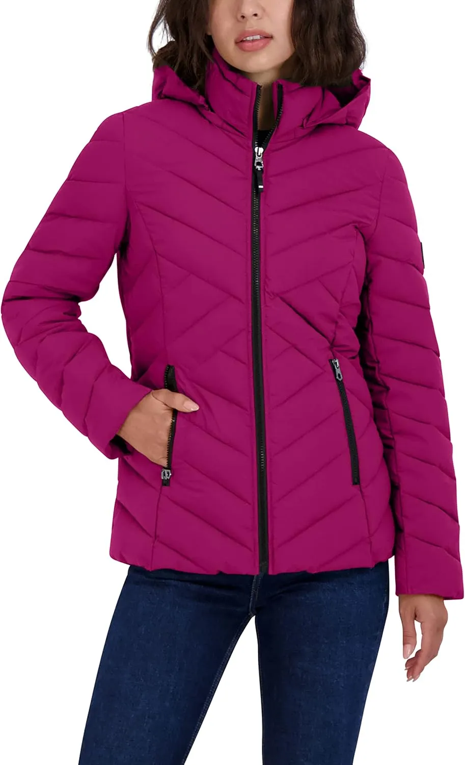 Nautica Women's Short Stretch Lightweight Puffer Jacket with Removeable Hood