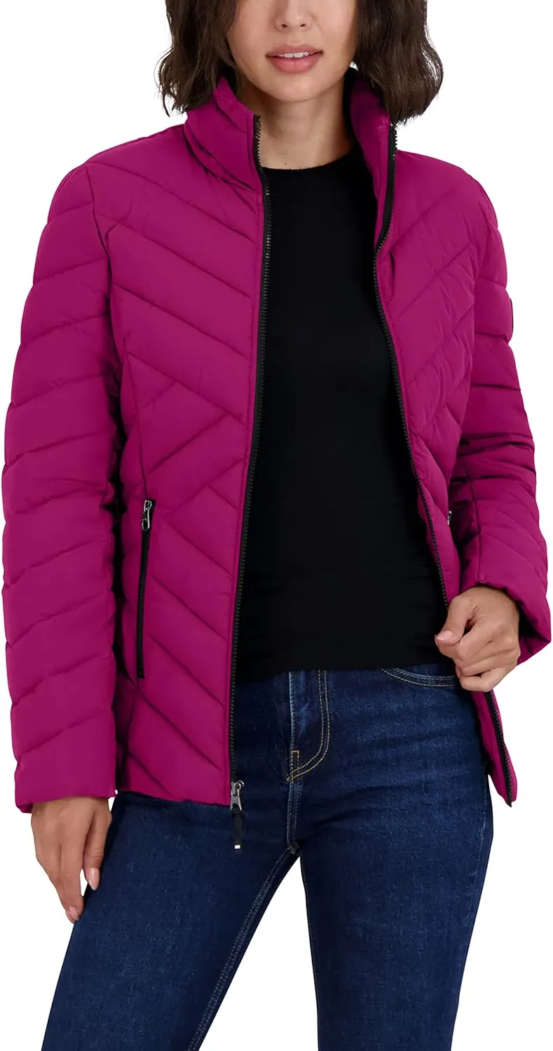 Nautica Women's Short Stretch Lightweight Puffer Jacket with Removeable Hood